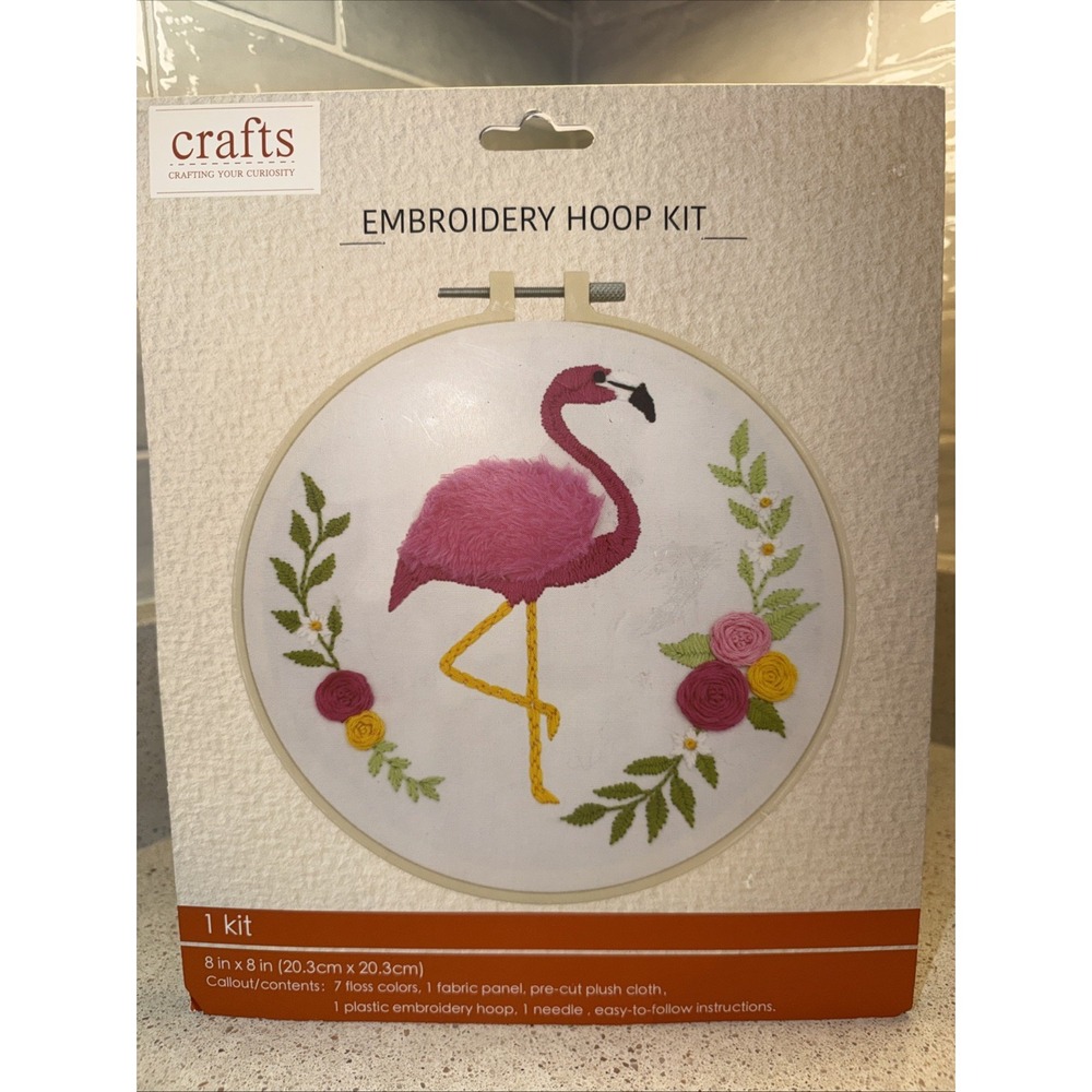 Pink Flamingo Embroidery Hoop Kit 8" Floral DIY Needlecraft Stitching Craft NIP
